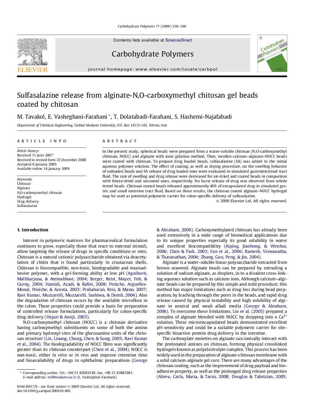 Sulfasalazine release from alginate-N,O-carboxymethyl chitosan gel beads coated by chitosan