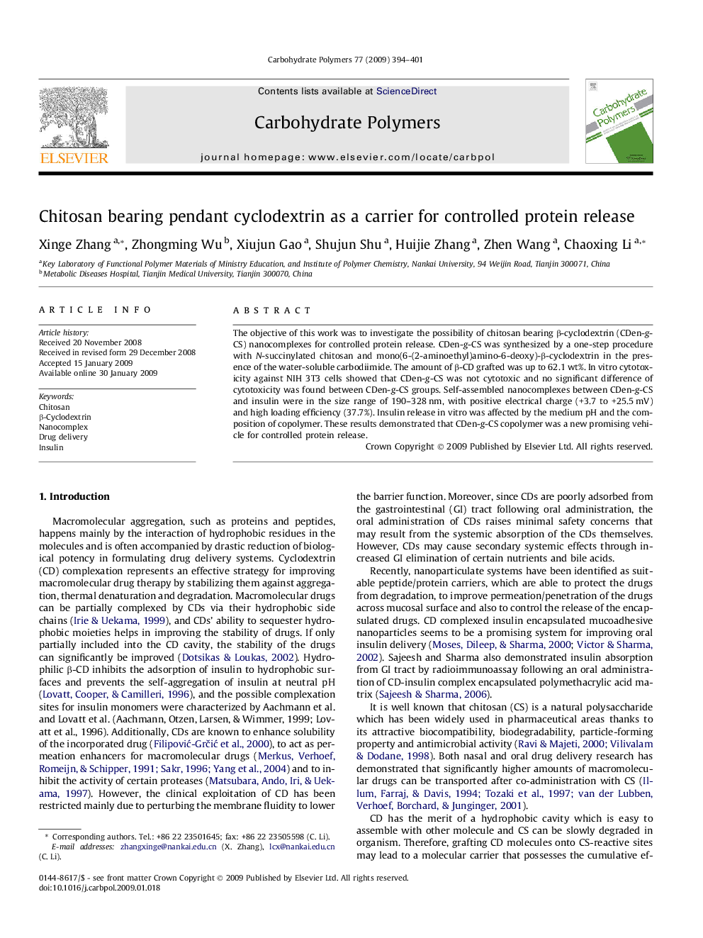 Chitosan bearing pendant cyclodextrin as a carrier for controlled protein release