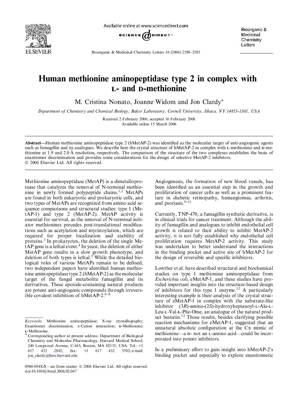 Human methionine aminopeptidase type 2 in complex with l- and d-methionine