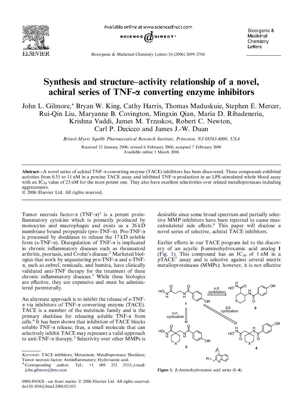 Synthesis and structure–activity relationship of a novel, achiral series of TNF-α converting enzyme inhibitors