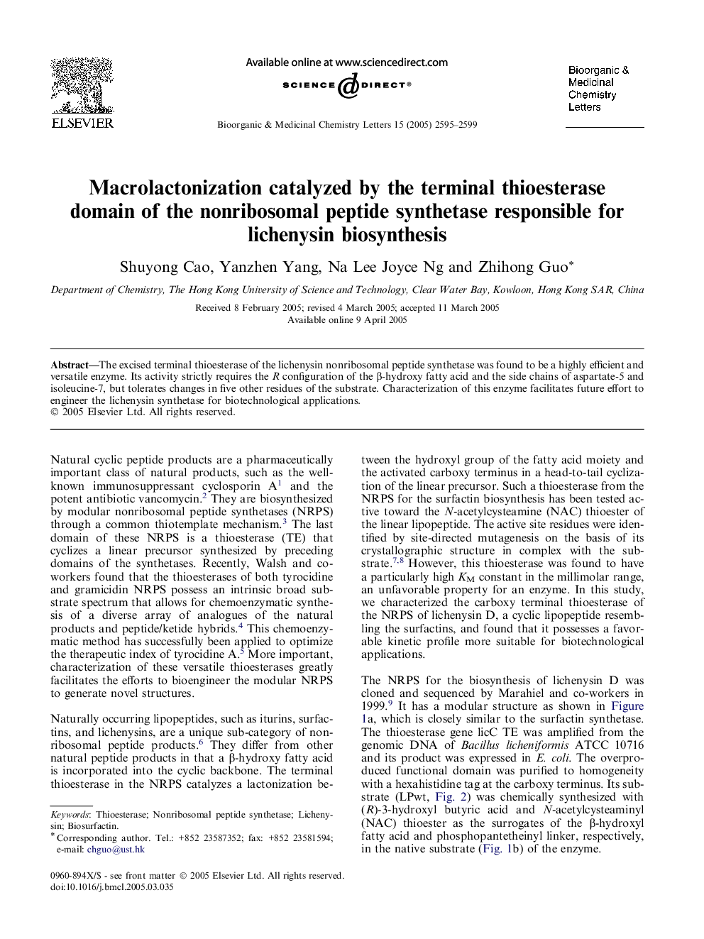 Macrolactonization catalyzed by the terminal thioesterase domain of the nonribosomal peptide synthetase responsible for lichenysin biosynthesis