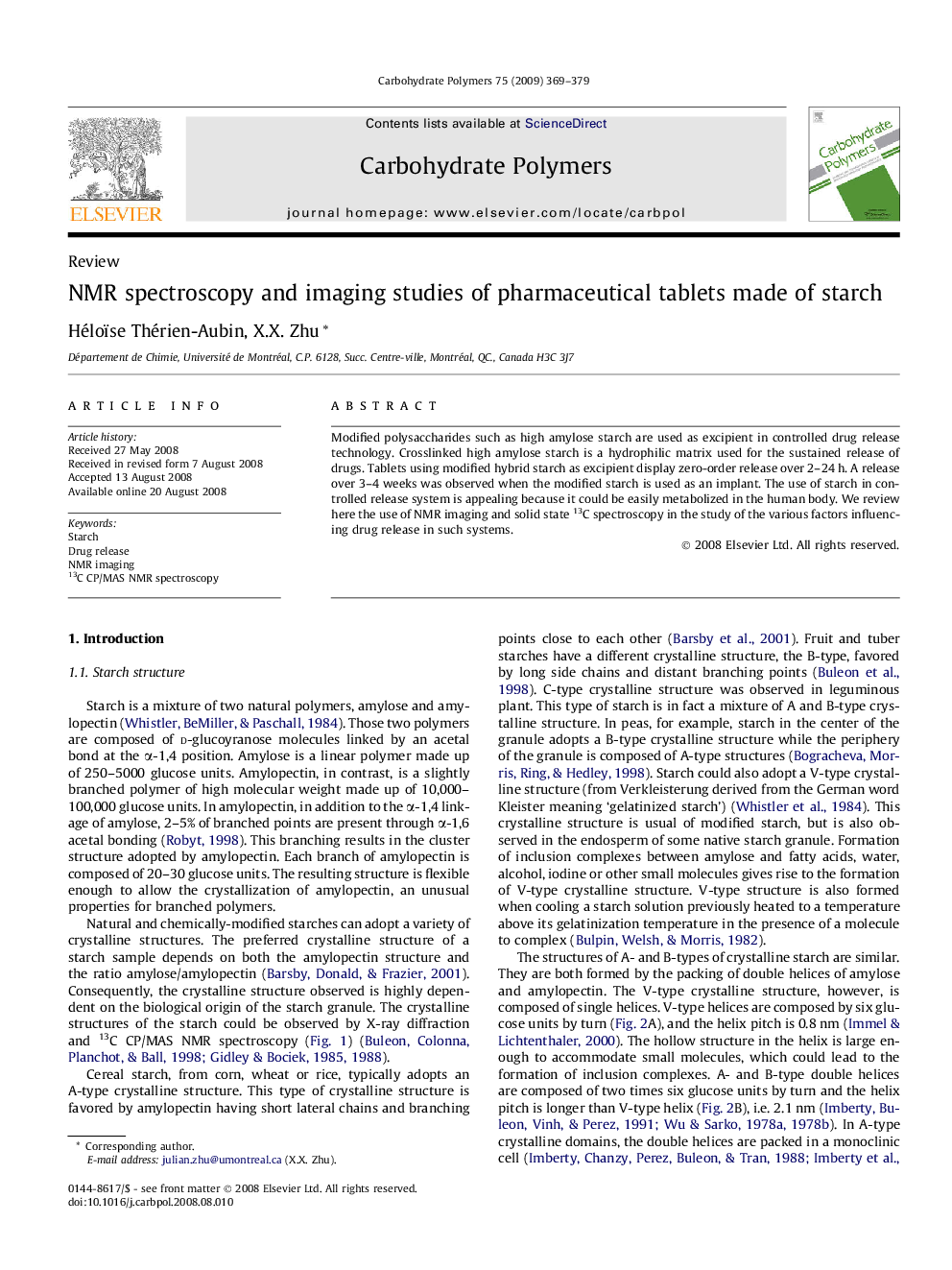 NMR spectroscopy and imaging studies of pharmaceutical tablets made of starch