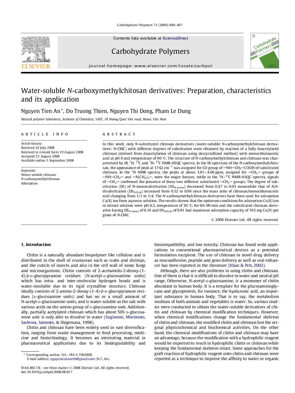 Water-soluble N-carboxymethylchitosan derivatives: Preparation, characteristics and its application