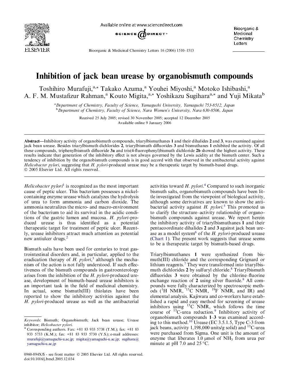 Inhibition of jack bean urease by organobismuth compounds