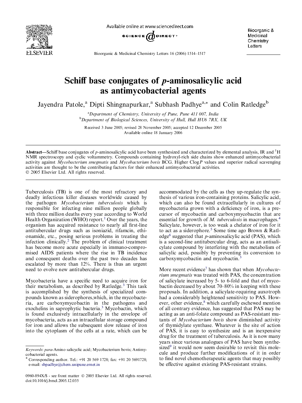 Schiff base conjugates of p-aminosalicylic acid as antimycobacterial agents
