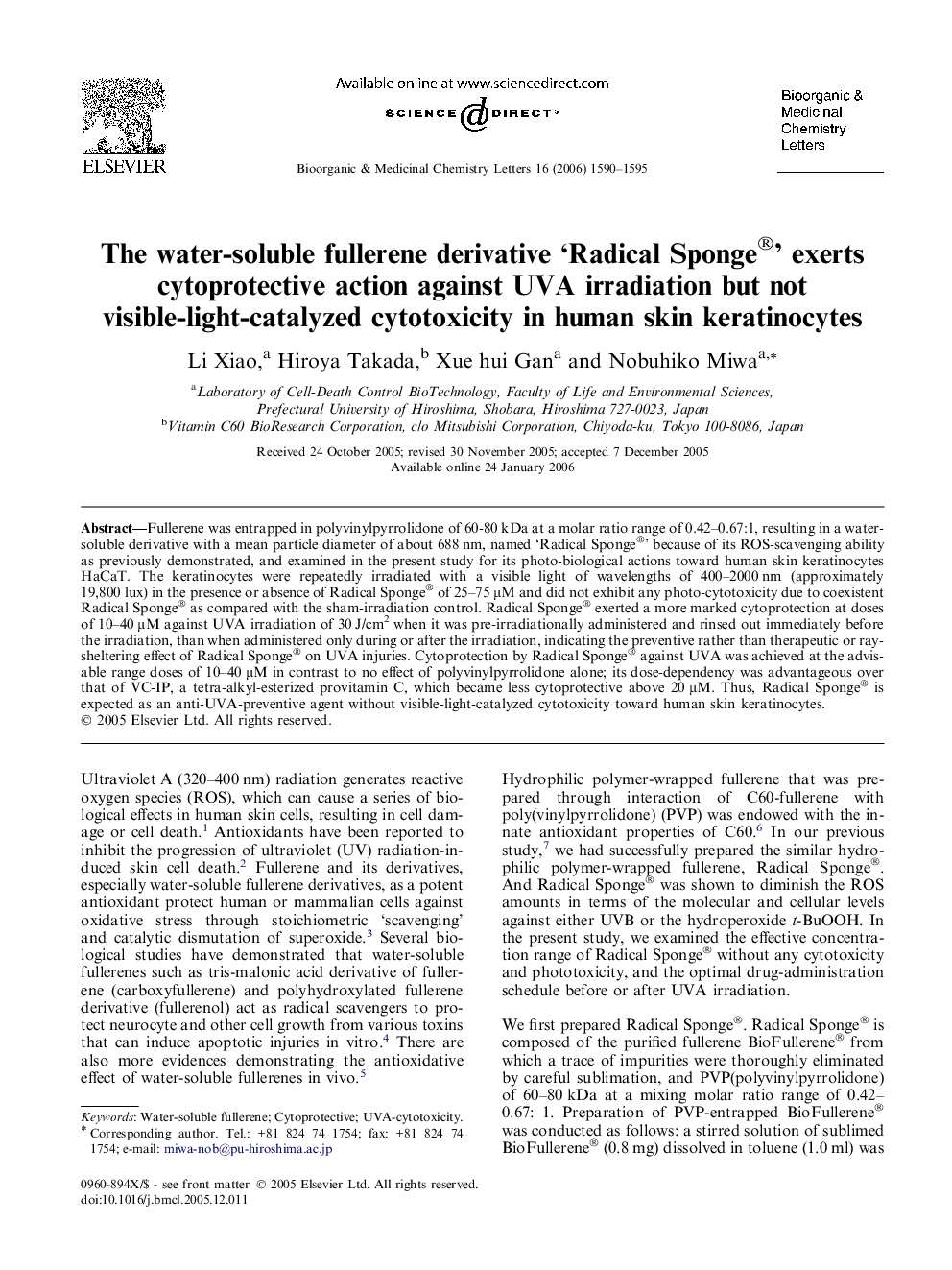 The water-soluble fullerene derivative ‘Radical Sponge®’ exerts cytoprotective action against UVA irradiation but not visible-light-catalyzed cytotoxicity in human skin keratinocytes