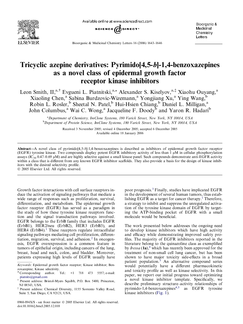 Tricyclic azepine derivatives: Pyrimido[4,5-b]-1,4-benzoxazepines as a novel class of epidermal growth factor receptor kinase inhibitors