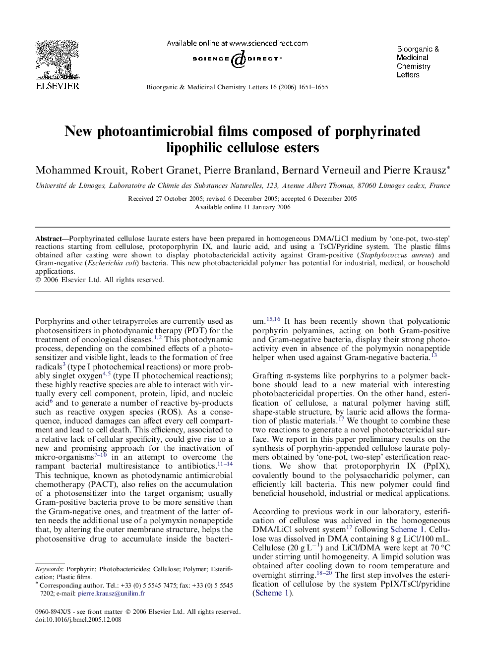 New photoantimicrobial films composed of porphyrinated lipophilic cellulose esters