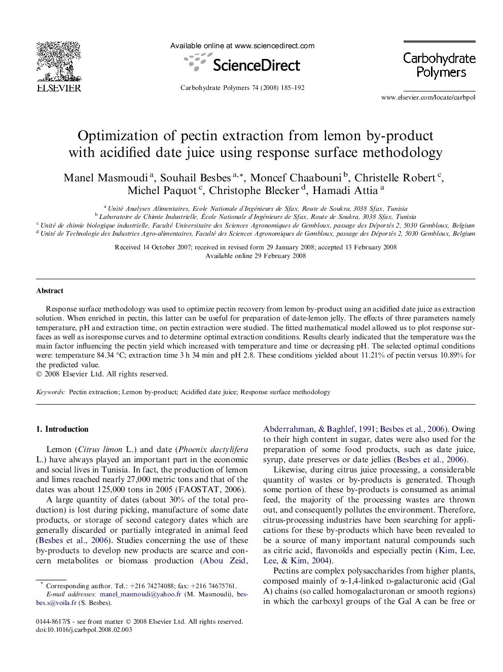 Optimization of pectin extraction from lemon by-product with acidified date juice using response surface methodology