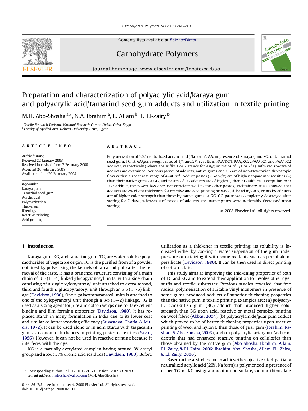 Preparation and characterization of polyacrylic acid/karaya gum and polyacrylic acid/tamarind seed gum adducts and utilization in textile printing