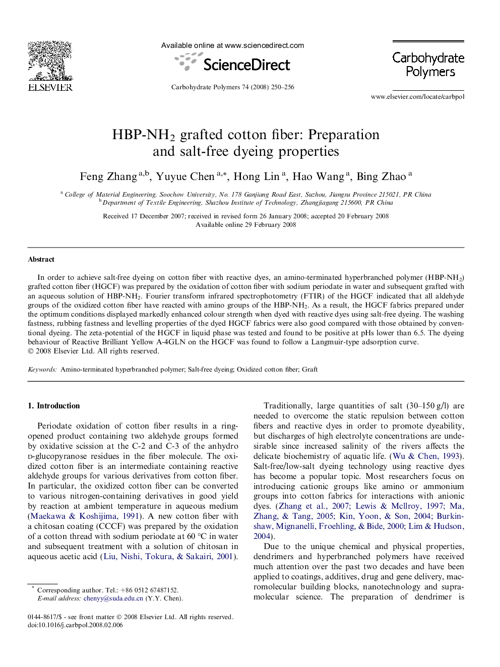 HBP-NH2 grafted cotton fiber: Preparation and salt-free dyeing properties