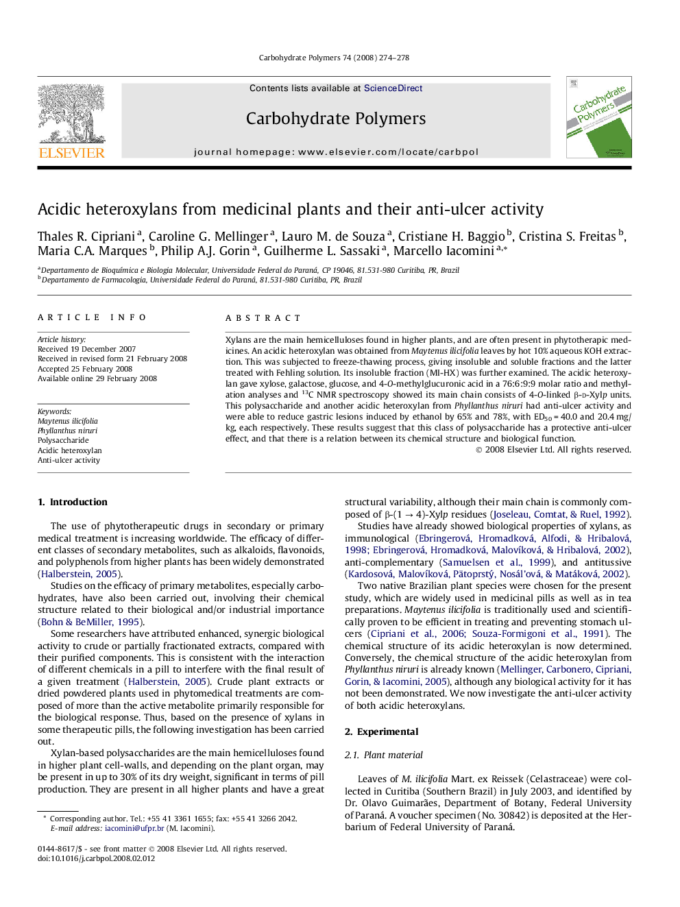 Acidic heteroxylans from medicinal plants and their anti-ulcer activity