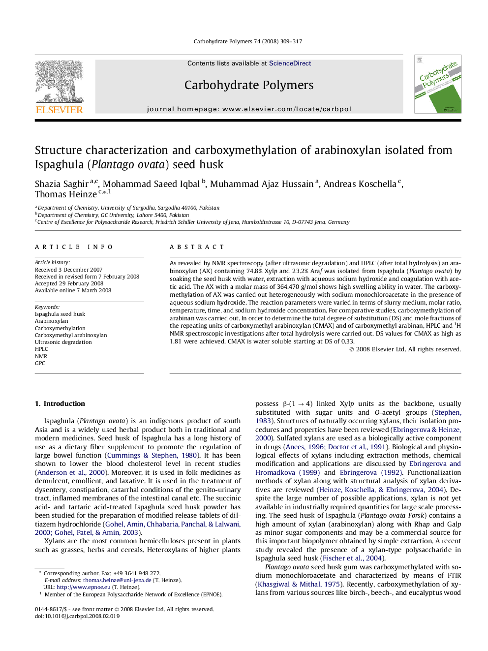 Structure characterization and carboxymethylation of arabinoxylan isolated from Ispaghula (Plantago ovata) seed husk