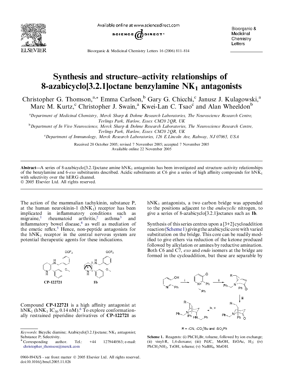 Synthesis and structure–activity relationships of 8-azabicyclo[3.2.1]octane benzylamine NK1 antagonists