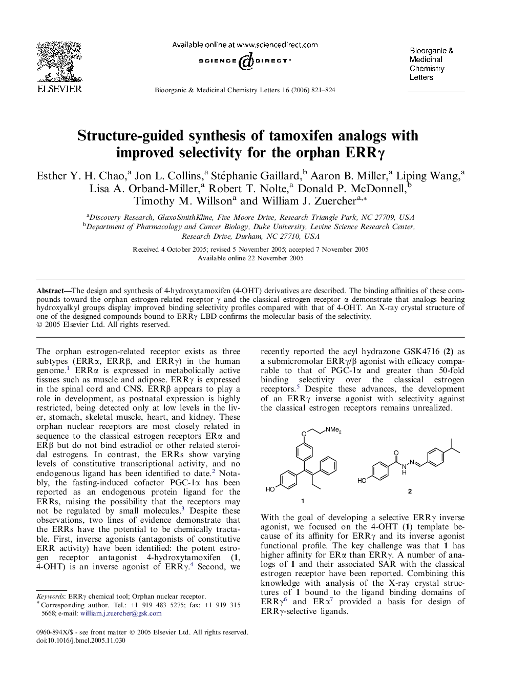 Structure-guided synthesis of tamoxifen analogs with improved selectivity for the orphan ERRγ