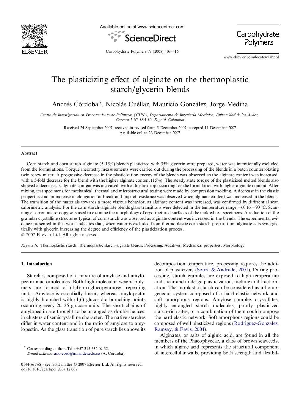 The plasticizing effect of alginate on the thermoplastic starch/glycerin blends