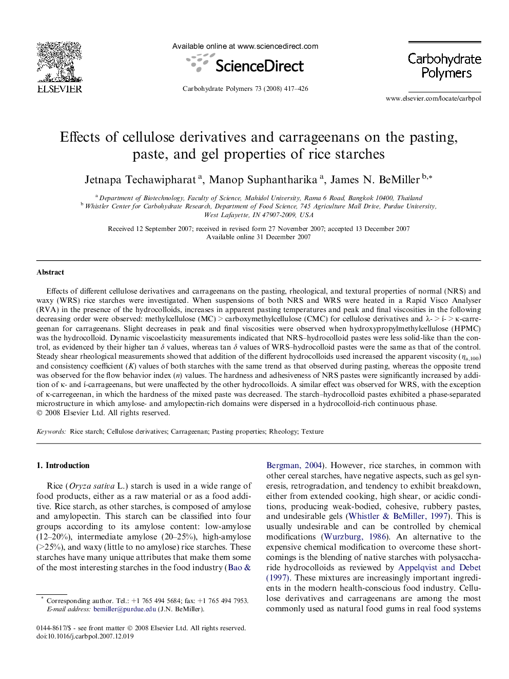 Effects of cellulose derivatives and carrageenans on the pasting, paste, and gel properties of rice starches