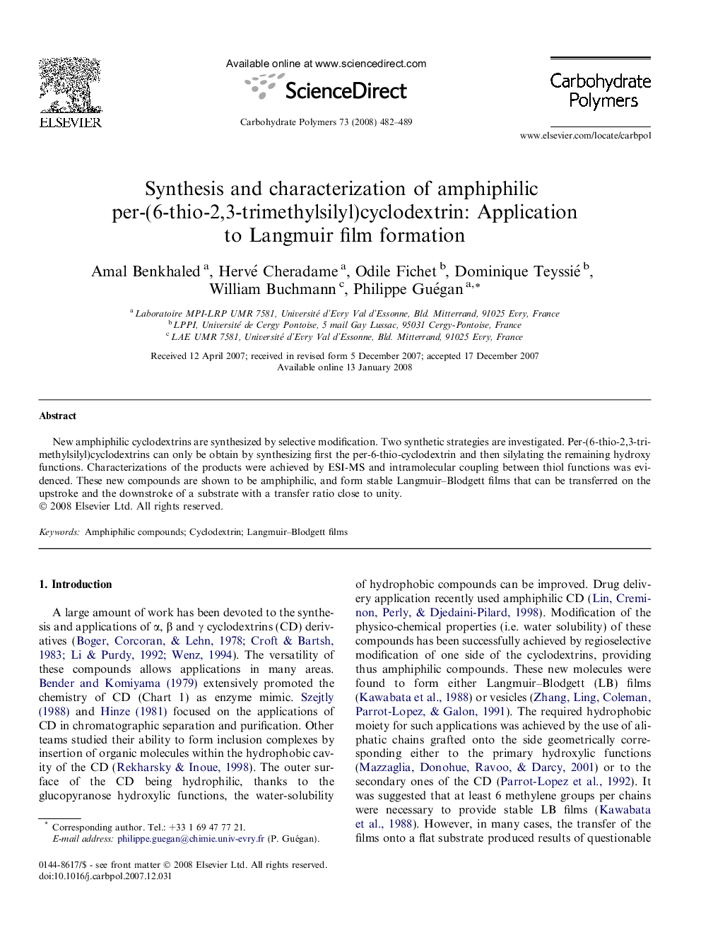 Synthesis and characterization of amphiphilic per-(6-thio-2,3-trimethylsilyl)cyclodextrin: Application to Langmuir film formation