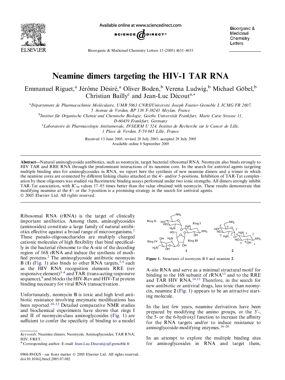 Neamine dimers targeting the HIV-1 TAR RNA