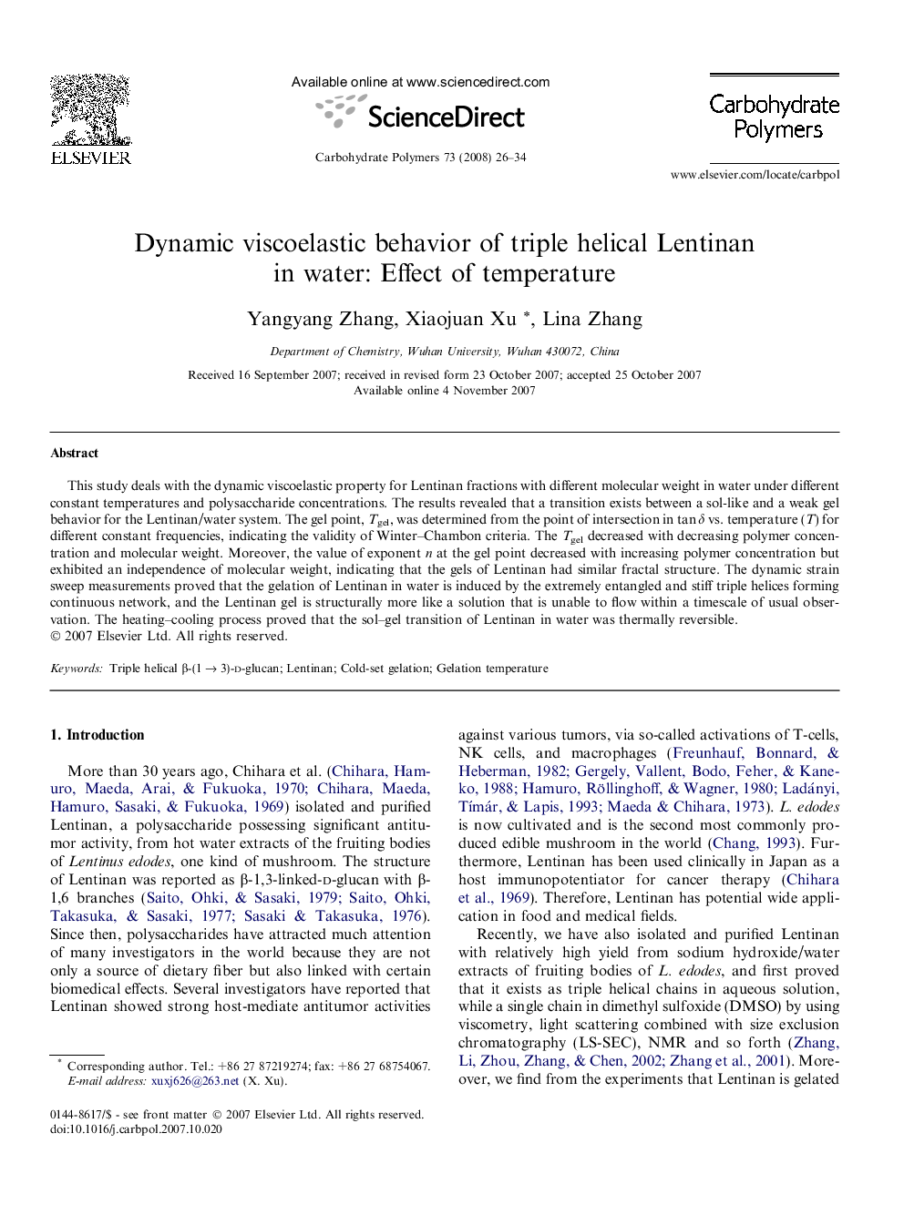 Dynamic viscoelastic behavior of triple helical Lentinan in water: Effect of temperature