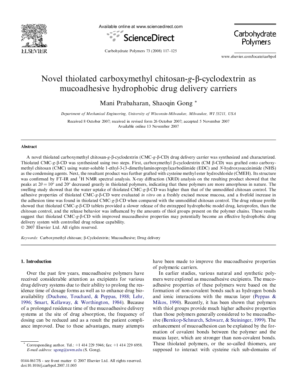 Novel thiolated carboxymethyl chitosan-g-β-cyclodextrin as mucoadhesive hydrophobic drug delivery carriers