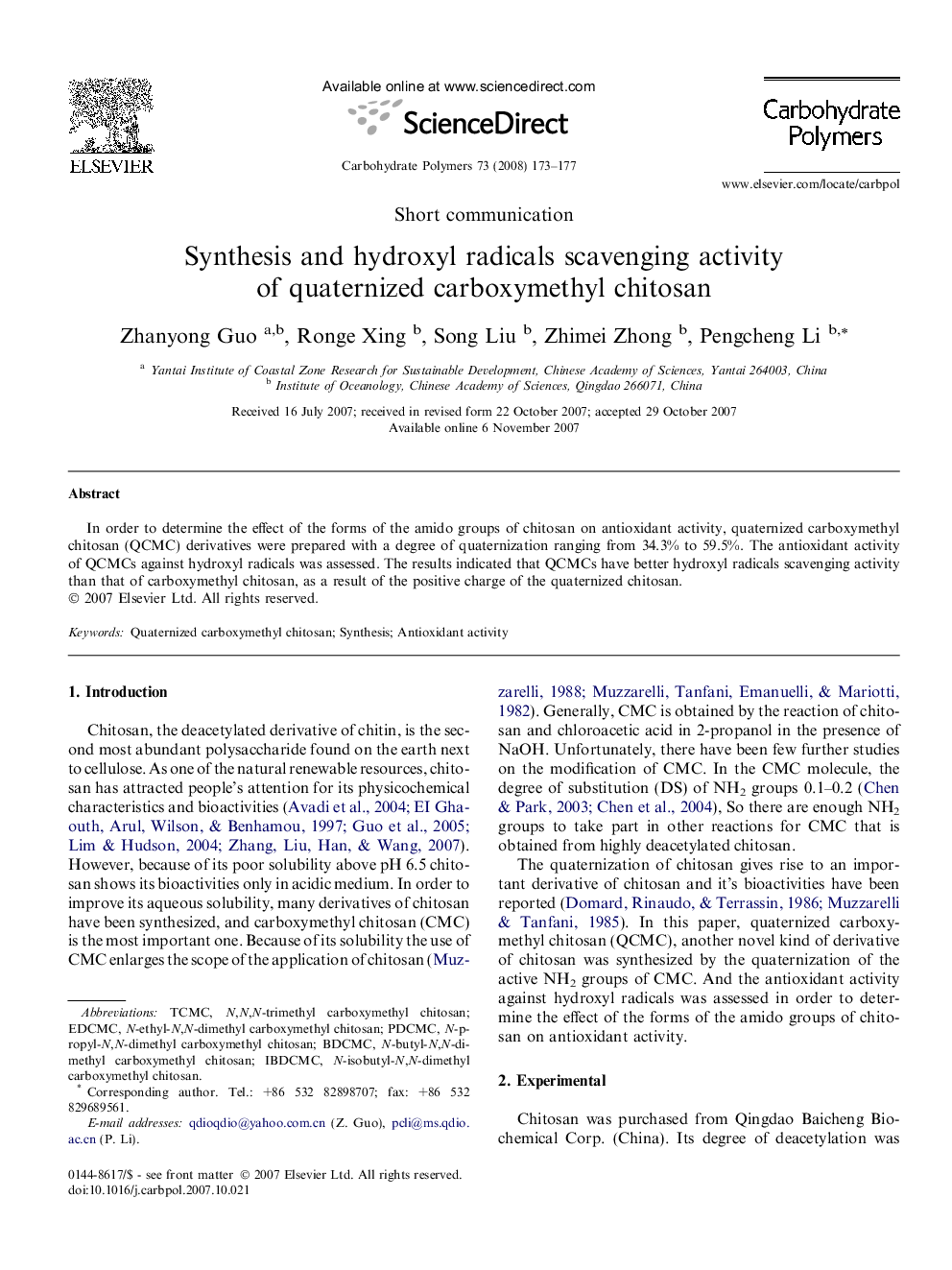Synthesis and hydroxyl radicals scavenging activity of quaternized carboxymethyl chitosan