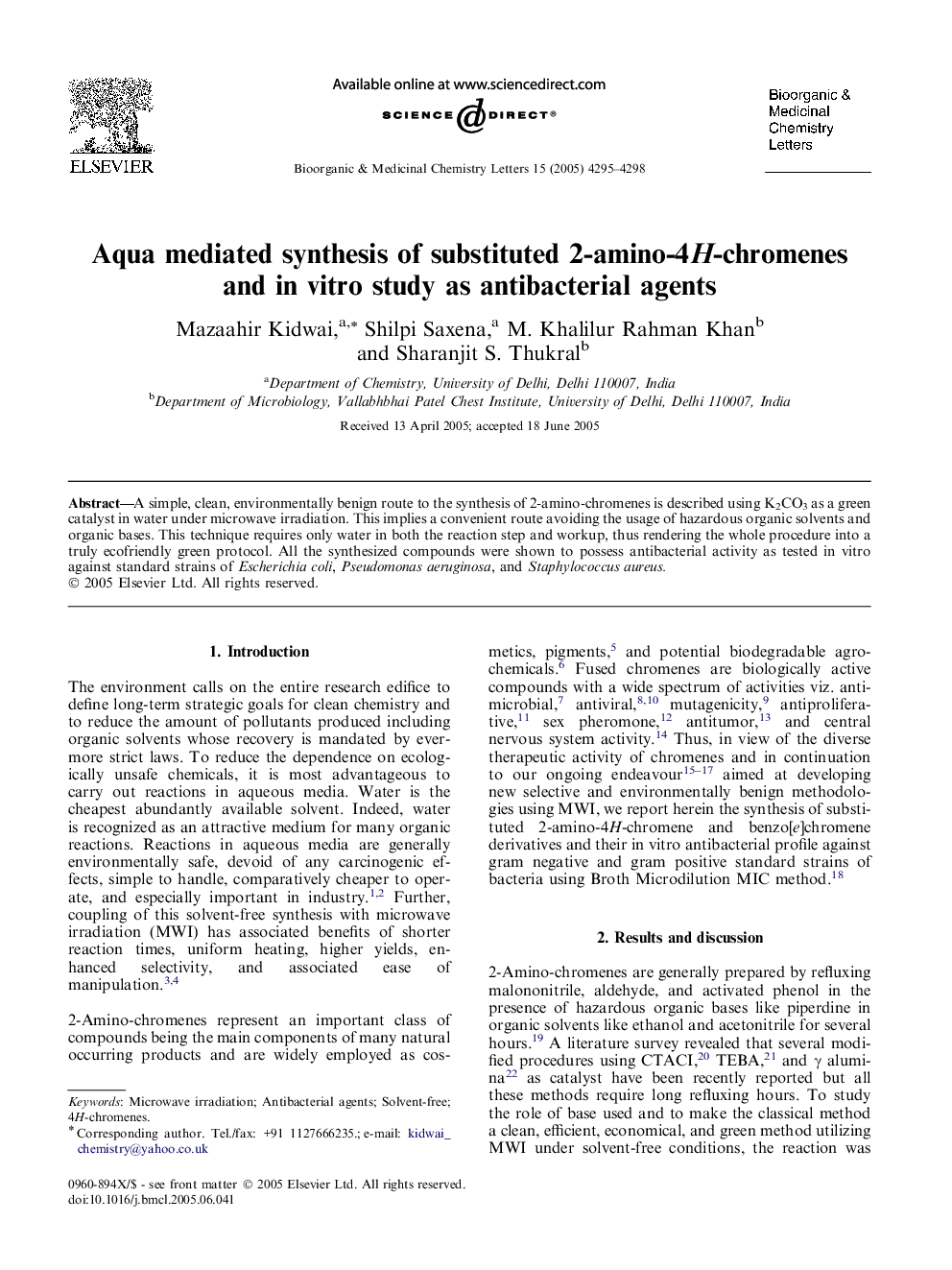 Aqua mediated synthesis of substituted 2-amino-4H-chromenes and in vitro study as antibacterial agents