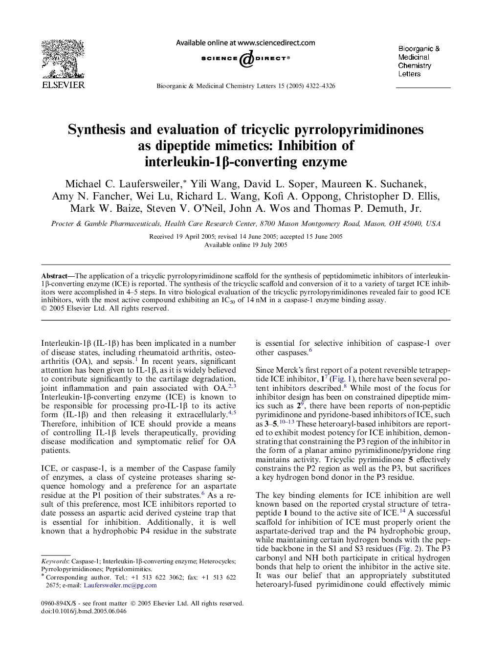 Synthesis and evaluation of tricyclic pyrrolopyrimidinones as dipeptide mimetics: Inhibition of interleukin-1β-converting enzyme