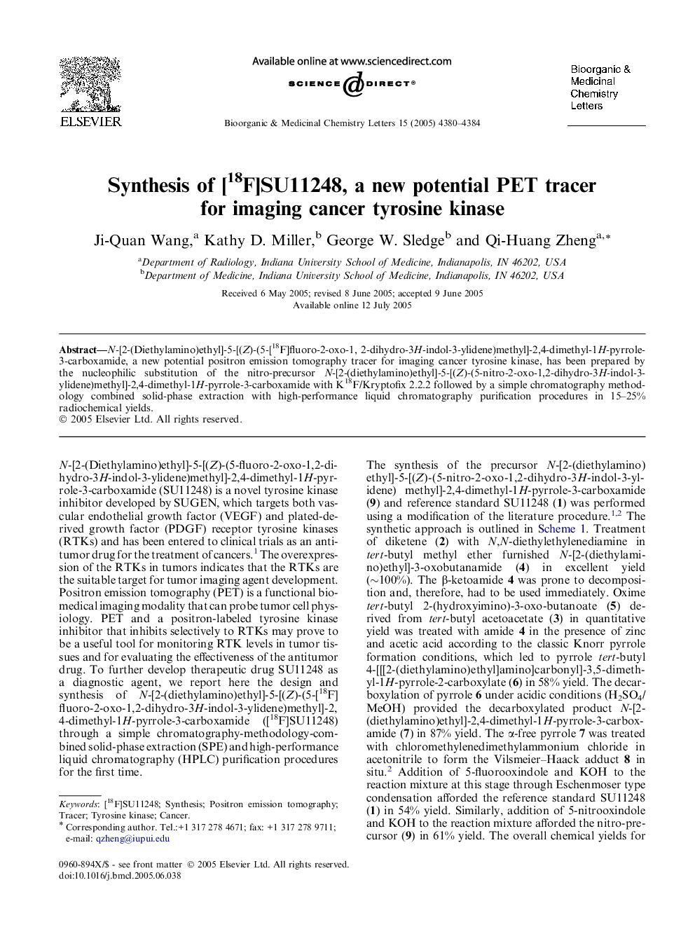 Synthesis of [18F]SU11248, a new potential PET tracer for imaging cancer tyrosine kinase