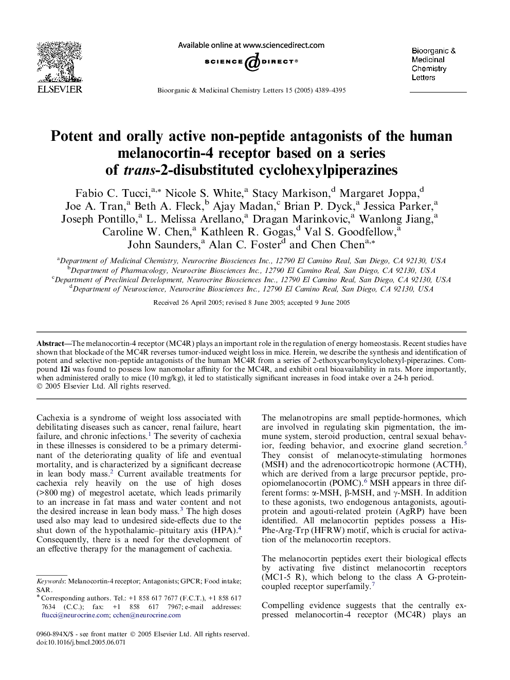 Potent and orally active non-peptide antagonists of the human melanocortin-4 receptor based on a series of trans-2-disubstituted cyclohexylpiperazines