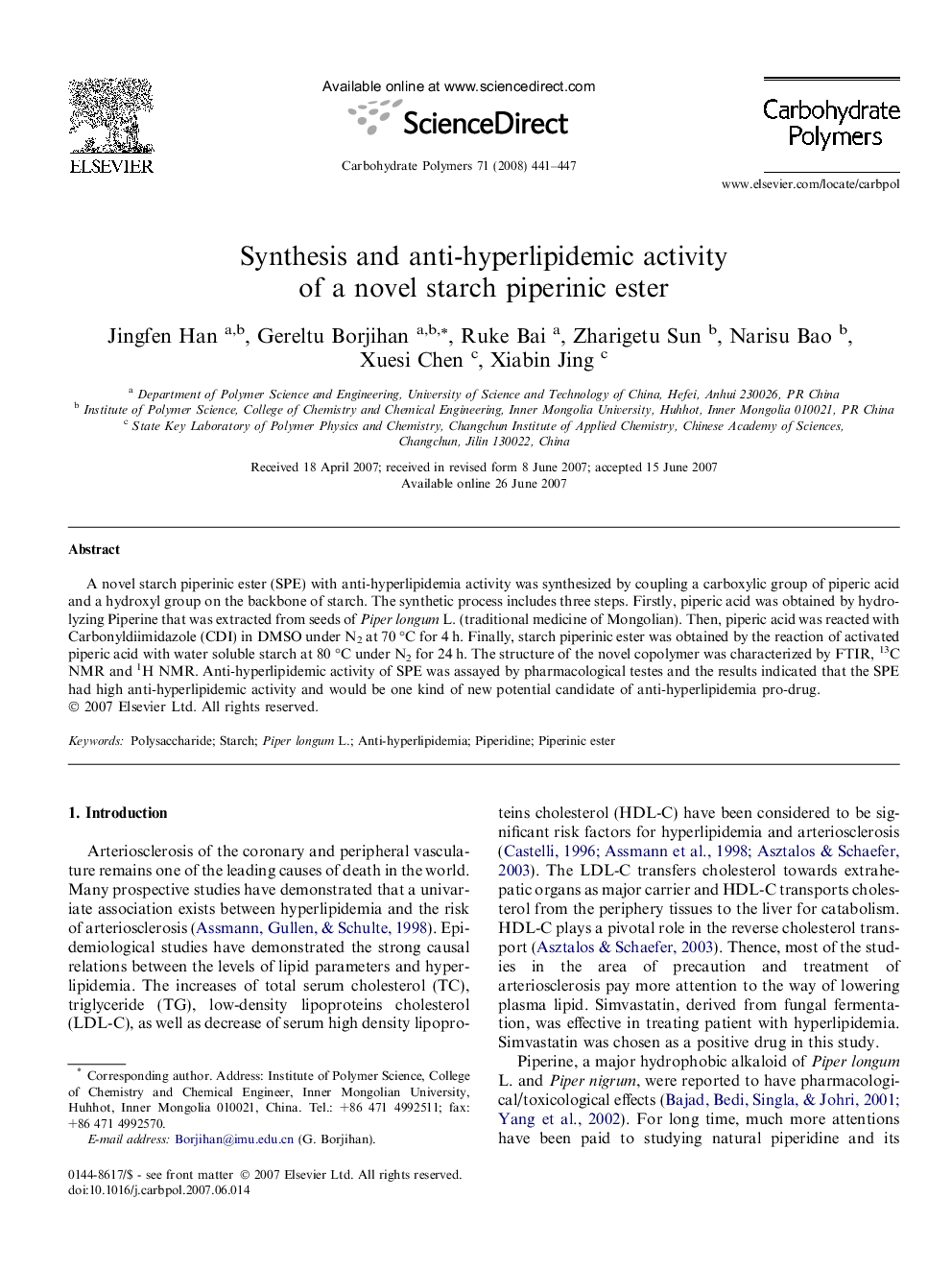 Synthesis and anti-hyperlipidemic activity of a novel starch piperinic ester