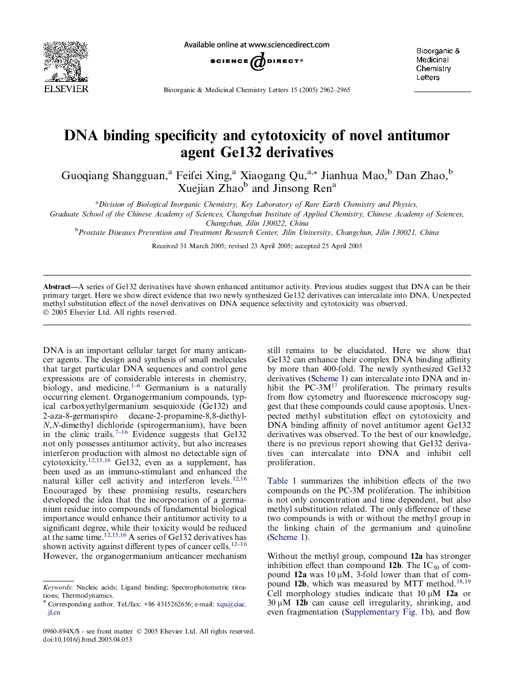 DNA binding specificity and cytotoxicity of novel antitumor agent Ge132 derivatives