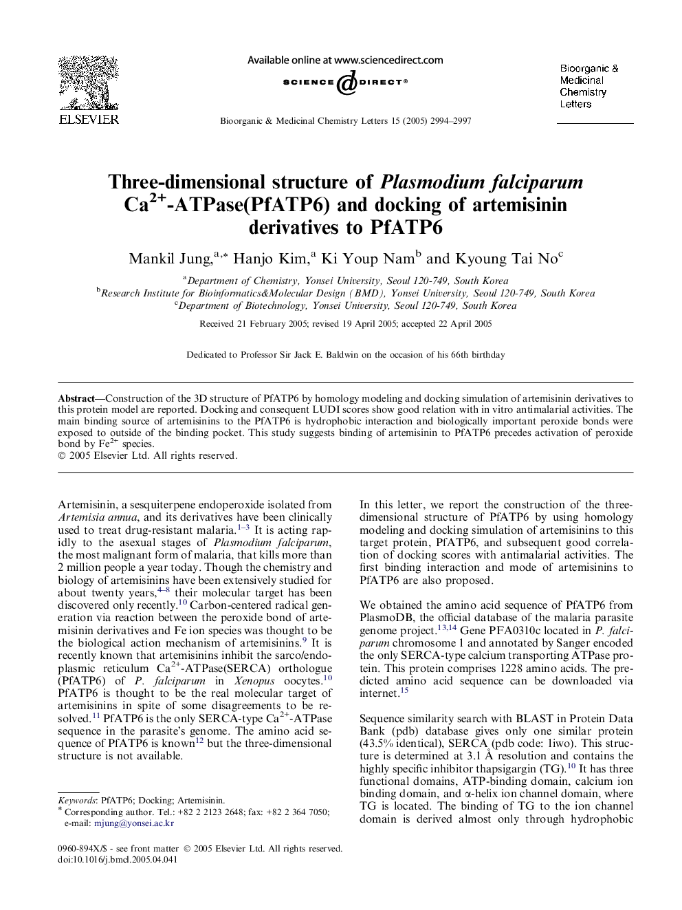 Three-dimensional structure of Plasmodium falciparum Ca2+-ATPase(PfATP6) and docking of artemisinin derivatives to PfATP6