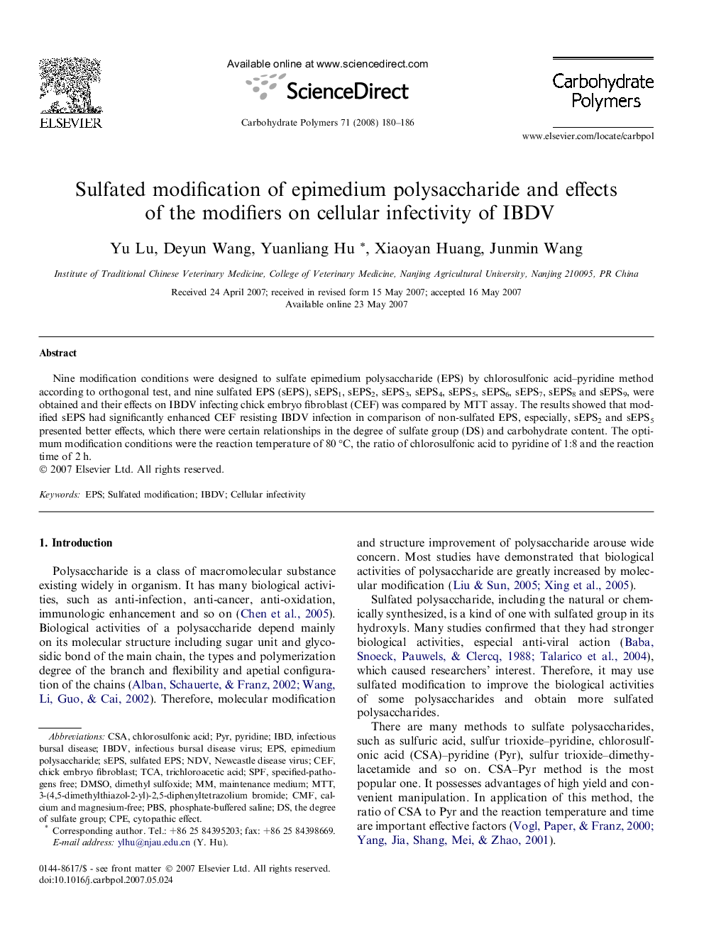 Sulfated modification of epimedium polysaccharide and effects of the modifiers on cellular infectivity of IBDV