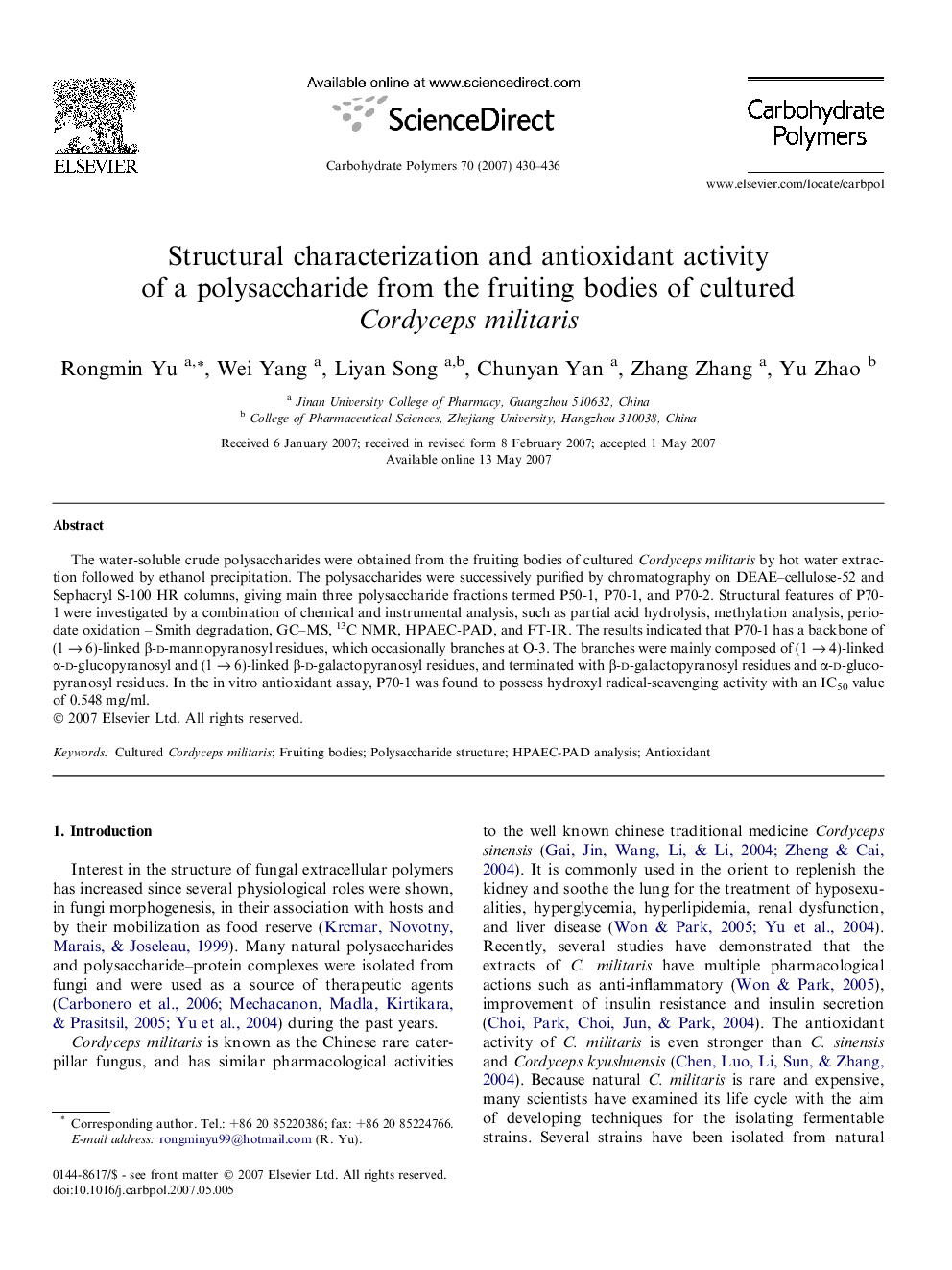 Structural characterization and antioxidant activity of a polysaccharide from the fruiting bodies of cultured Cordyceps militaris