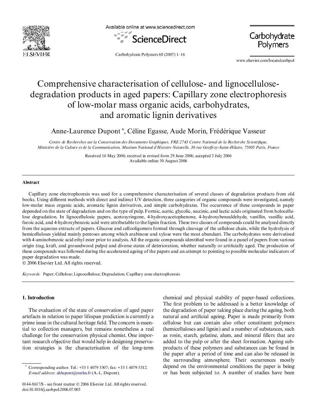 Comprehensive characterisation of cellulose- and lignocellulose-degradation products in aged papers: Capillary zone electrophoresis of low-molar mass organic acids, carbohydrates, and aromatic lignin derivatives