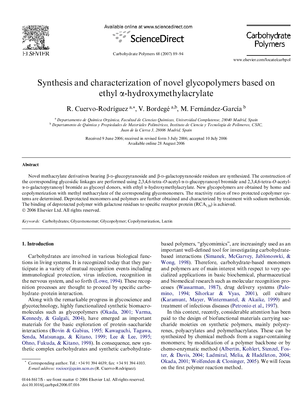 Synthesis and characterization of novel glycopolymers based on ethyl α-hydroxymethylacrylate