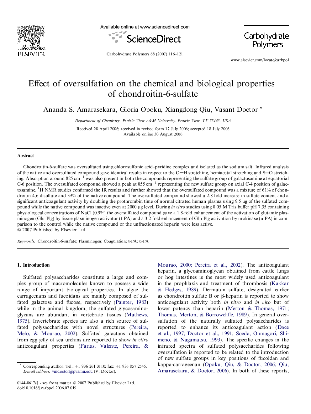 Effect of oversulfation on the chemical and biological properties of chondroitin-6-sulfate