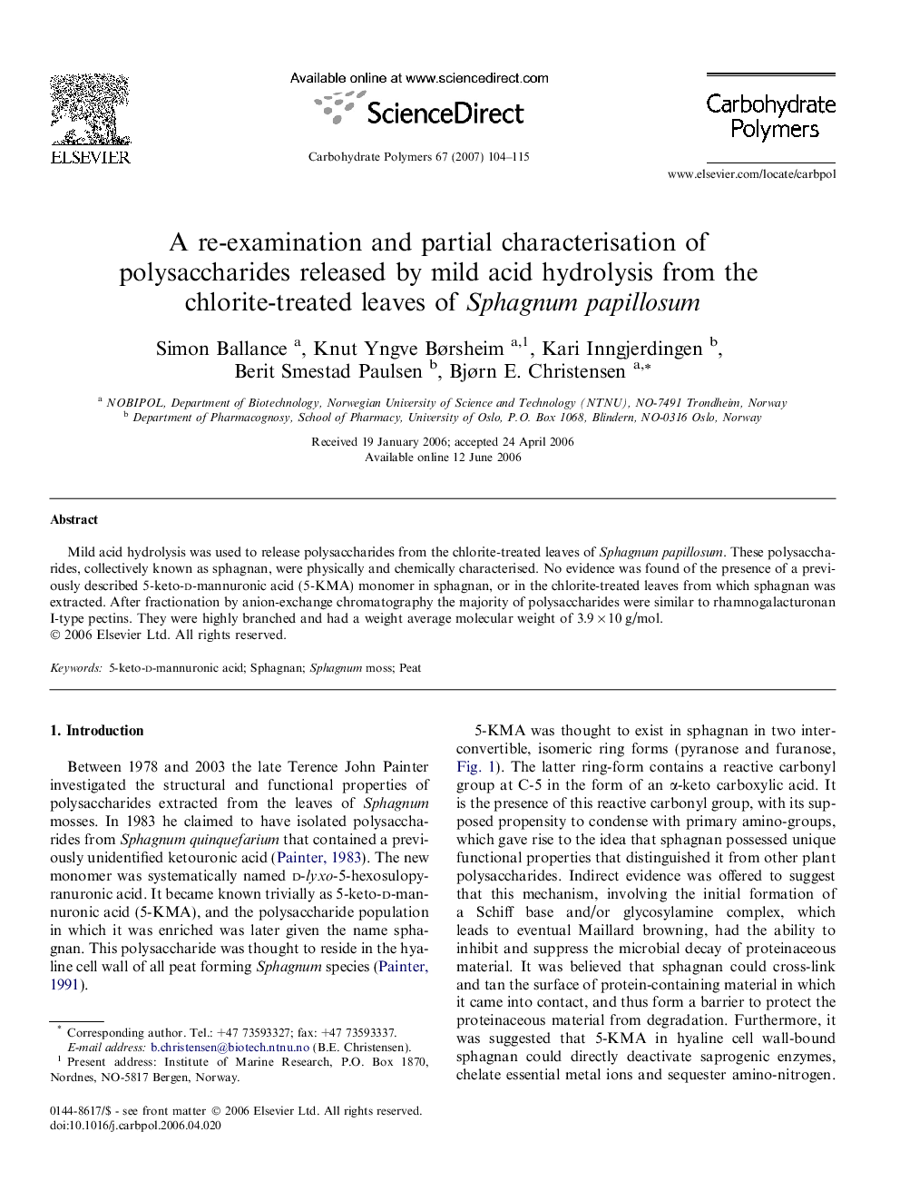 A re-examination and partial characterisation of polysaccharides released by mild acid hydrolysis from the chlorite-treated leaves of Sphagnum papillosum