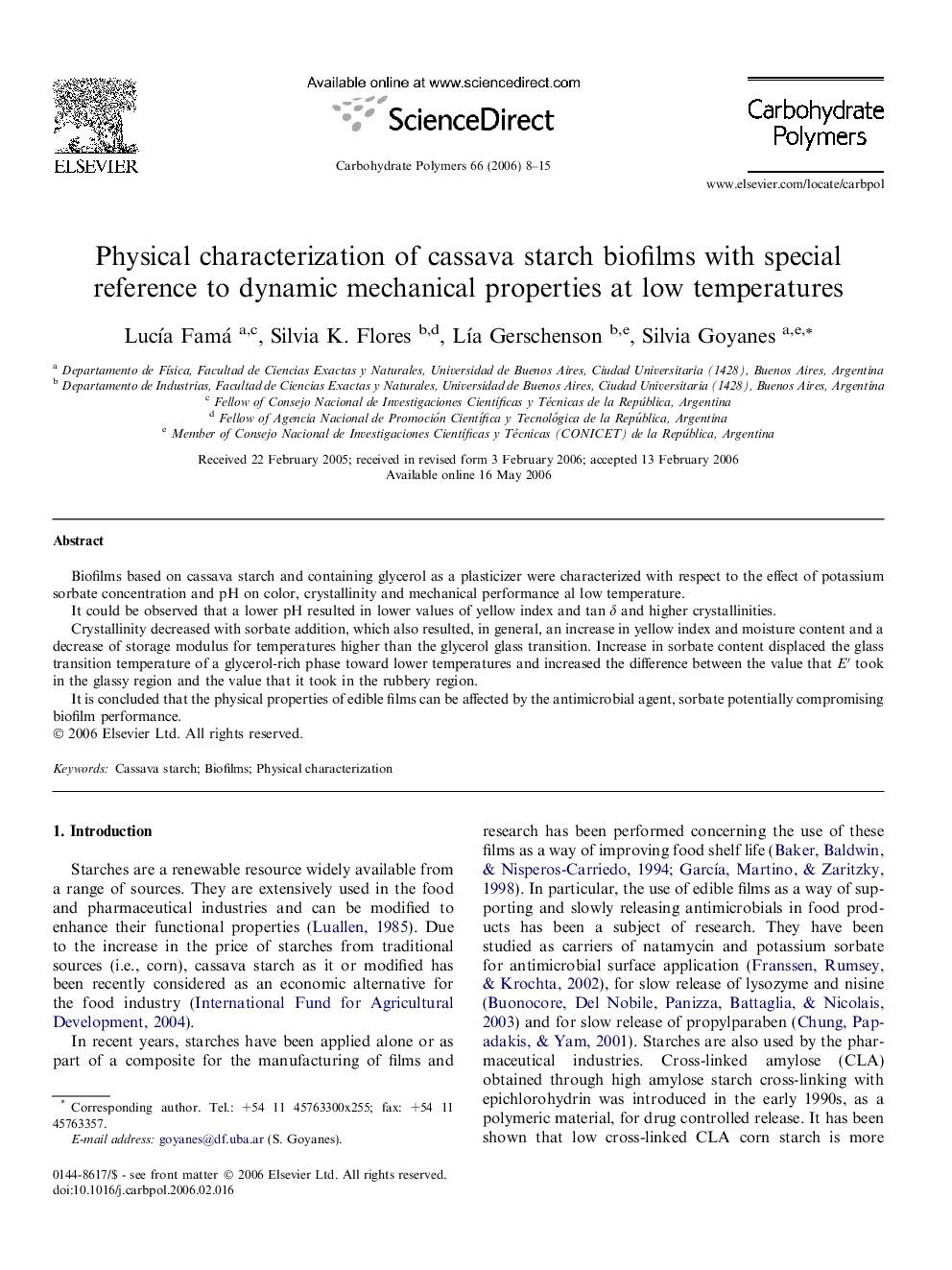 Physical characterization of cassava starch biofilms with special reference to dynamic mechanical properties at low temperatures