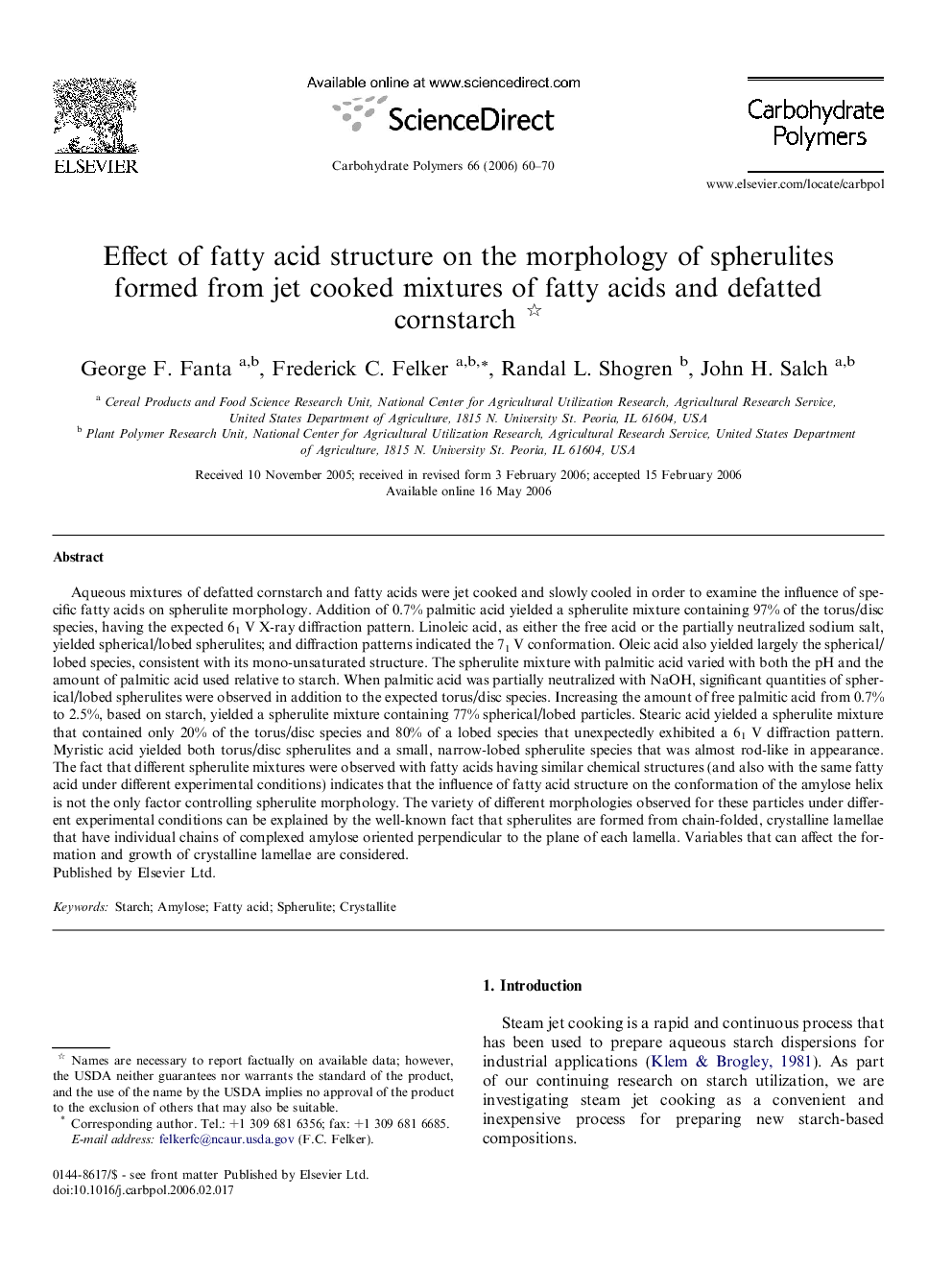 Effect of fatty acid structure on the morphology of spherulites formed from jet cooked mixtures of fatty acids and defatted cornstarch 