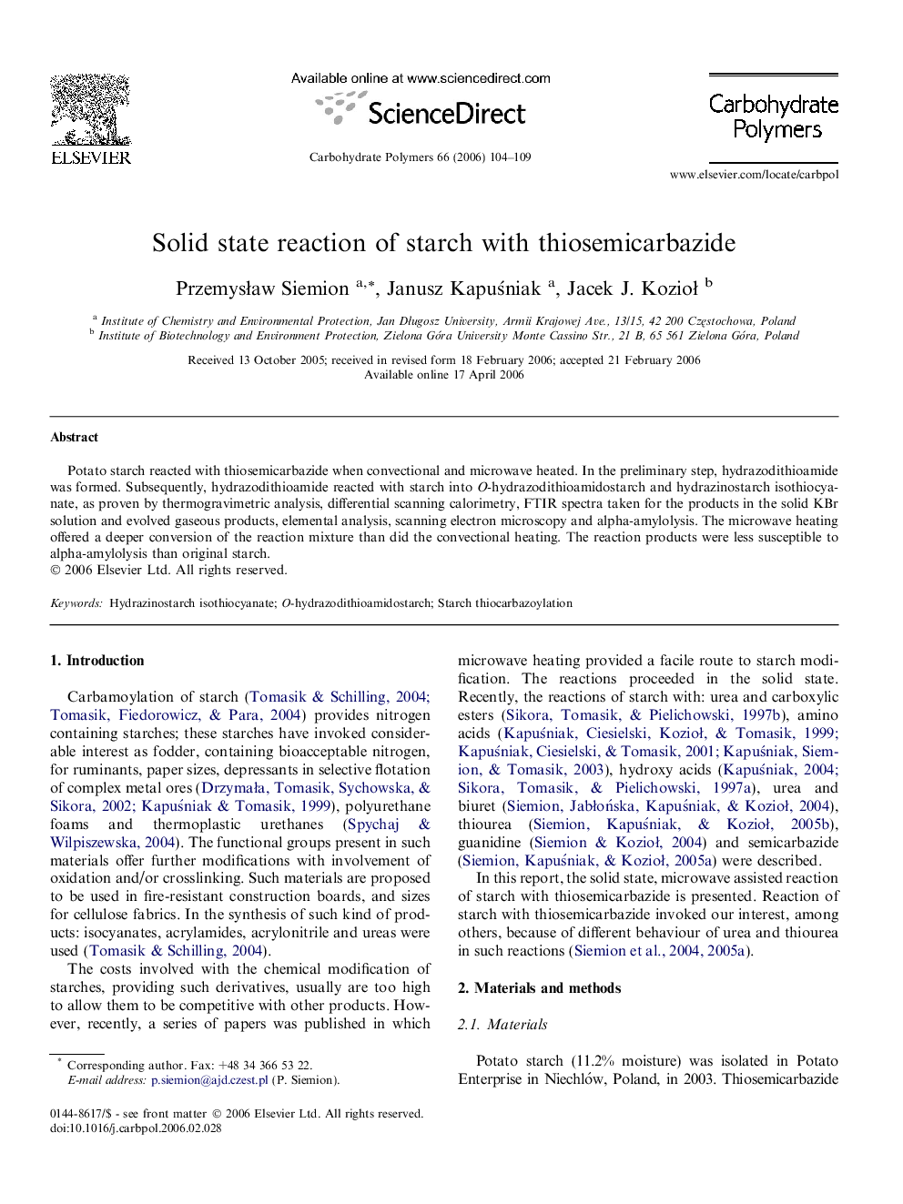 Solid state reaction of starch with thiosemicarbazide