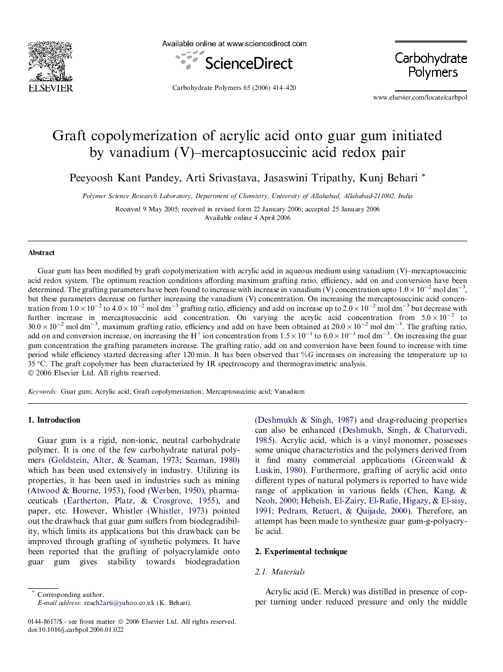 Graft copolymerization of acrylic acid onto guar gum initiated by vanadium (V)–mercaptosuccinic acid redox pair