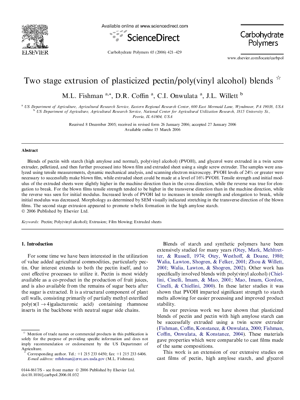 Two stage extrusion of plasticized pectin/poly(vinyl alcohol) blends 