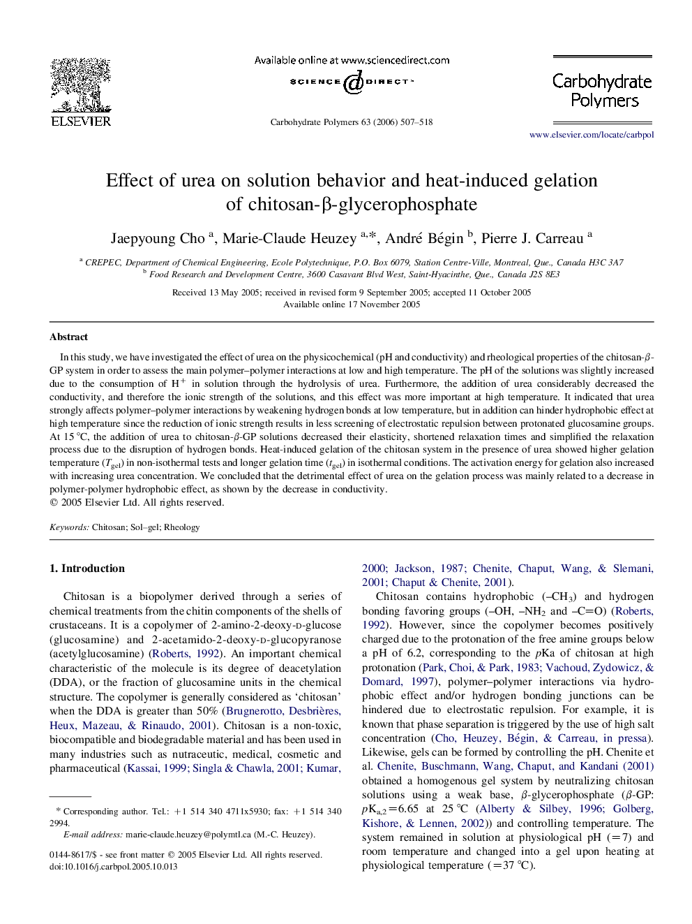 عکس صفحه اول مقاله: Effect of urea on solution behavior and heat-induced gelationof chitosan-β-glycerophosphate Effect of urea on solution behavior and heat-induced gelationof chitosan-β-glycerophosphate