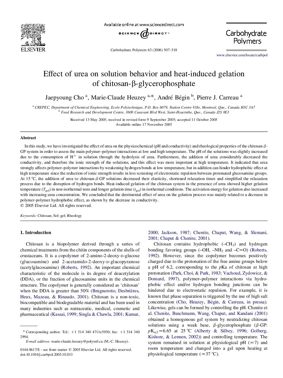 Effect of urea on solution behavior and heat-induced gelationof chitosan-β-glycerophosphate