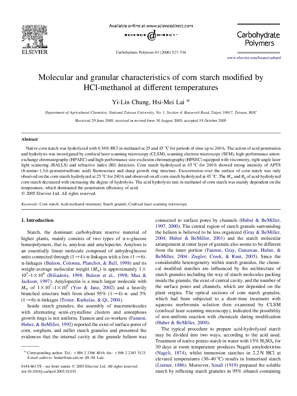 Molecular and granular characteristics of corn starch modified by HCl-methanol at different temperatures