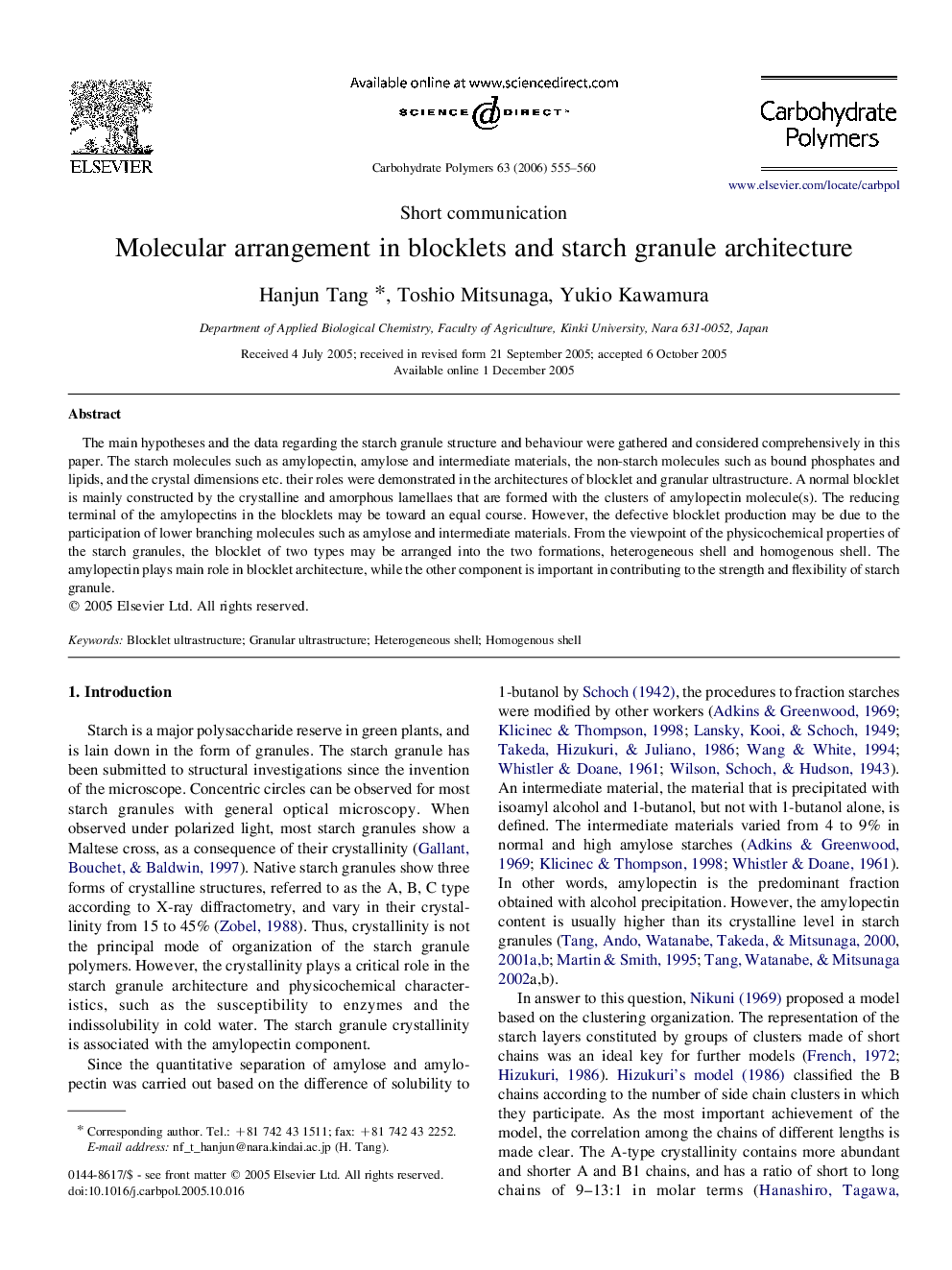 Molecular arrangement in blocklets and starch granule architecture