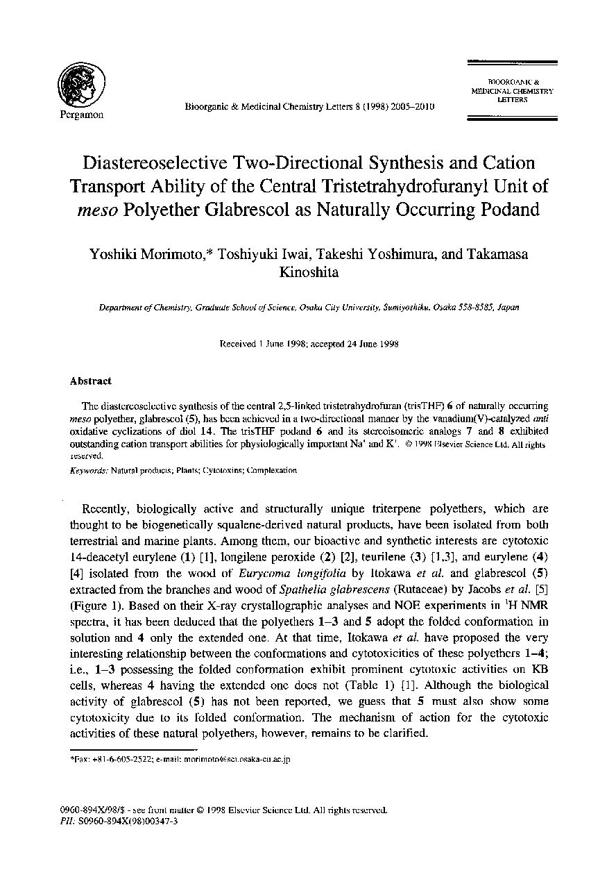 Diastereoselective two-directional synthesis and cation transport ability of the central tristetrahydrofuranyl unit of meso polyether glabrescol as naturally occurring podand