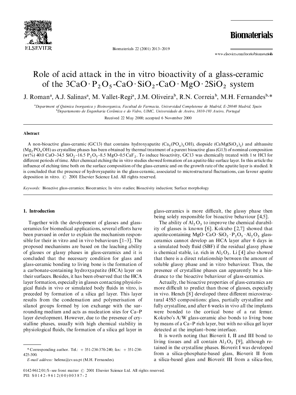 Role of acid attack in the in vitro bioactivity of a glass-ceramic of the 3CaO·P2O5-CaO·SiO2-CaO·MgO·2SiO2 system